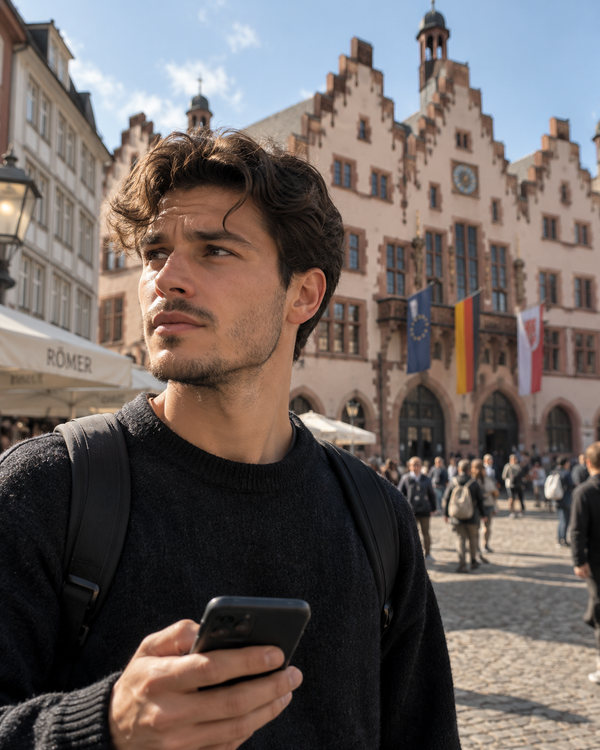 A man checking his phone in Frankfurt's Römerberg square